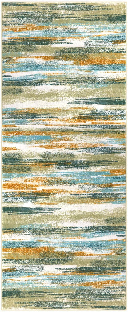 Lansny Modern Abstract Runner Rug 2x5, Green Mustard Multi Washable Entryway Kitchen Runner Non-Slip Soft Hallway Rug Runner Thin Print Faux Wool Carpet for Bedroom Laundry Room Indoor