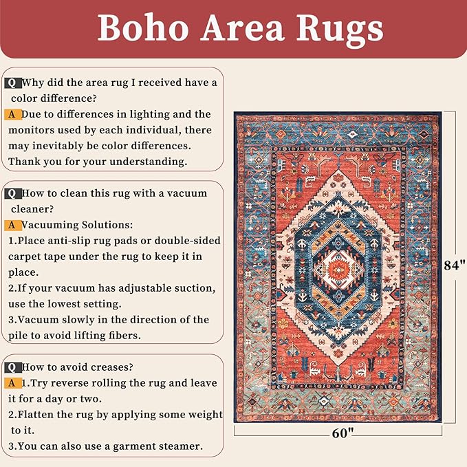 SERISSA Washable Rug 5x7 Boho Area Rugs, Washable Large Rugs for Living Room, Ultra Soft Non-Slip Rust Rug Print Distressed Vintage Farmhouse Carpet for Bedroom Dining Room Dorm Office Home Decor
