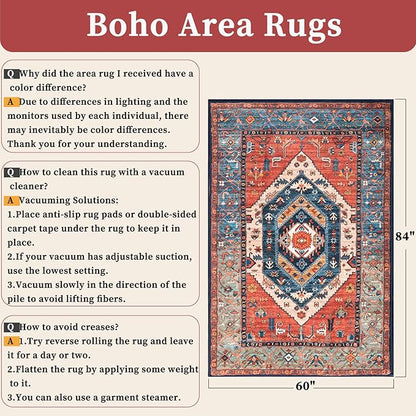 SERISSA Washable Rug 5x7 Boho Area Rugs, Washable Large Rugs for Living Room, Ultra Soft Non-Slip Rust Rug Print Distressed Vintage Farmhouse Carpet for Bedroom Dining Room Dorm Office Home Decor