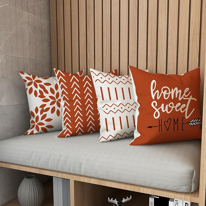 YCOLL Fall Pillow Covers 16x16 Set of 4, Modern Sofa Throw Pillow Cover for Fall Decor, Decorative Outdoor Linen Fabric Pillow Case for Couch Bed Car, Burnt Orange