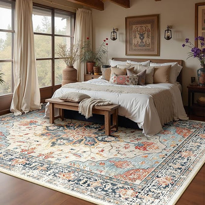 RELEANY Area Rugs 9'x12' Washable Non-Slip, Floral Vintage Distress Print Pattern Medallion Carpet for Living Room Bedroom Dining Room, Beige Navy Blue Orange Colorful