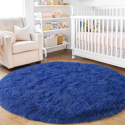 6‘x6’ Blue Round Rug for Bedroom, Ultra Soft Fluffy Circle Rug for Kids Girls Boys Room, Cute Shag Rugs for Living Room Playroom Teen Room Home Decor Rug