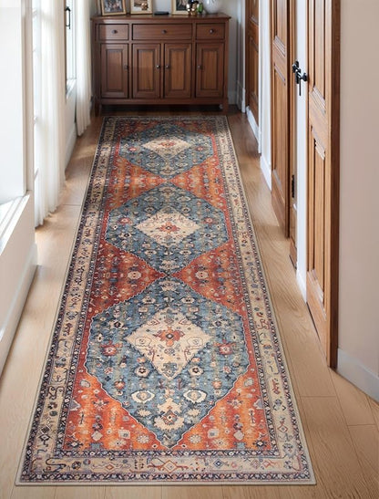 SERISSA Boho Washable Runner Rug, 2'6"x10' Long Non-Slip Tribal Hallway Kitchen Stair Runner Rug Ultra Soft Print Distressed Vintage Floor Carpet for Bedroom Bathroom Laundry Room