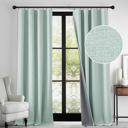 RYB HOME 100% Blackout Linen Textured Curtains 96 inches Long, Thermal Insulating Privacy Energy Saving for Bedroom Living Room Window Office Theater Baby Nursery, W 52 x L 96 in, Aqua, 2 Panels
