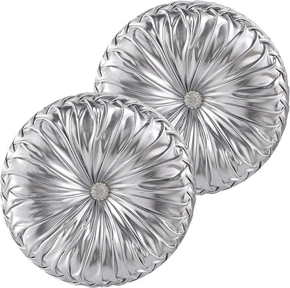 HIG Set of 2 Handcrafted Silver Ruched Round Throw Pillows – 14.5’’ Metallic Leather Decorative Pillows with Soft Polyester Filling for Couch, Bed, Living Room, Bedroom, or Dorm