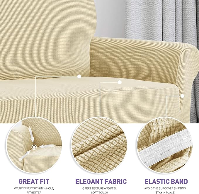 ZNSAYOTX Super Stretch Couch Cover (72"-92") Universal Sofa Covers with Elastic Bottom, Dog Cat Pets Friendly Washable Furniture Protector Fitted Sofa Slipcovers Stay in Place (Beige, Sofa)