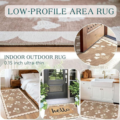 Floral Outdoor Rug - 28" x 43" Spring Front Door Mat Indoor Outside Entrance Non-Slip Washable Outdoor Mat Tan Boho Neutral Farmhouse Throw Rugs for Entryway Kitchen Bedroom Front Porch Decor