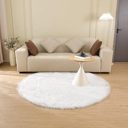 ORINOVA White Small Circle Fluffy Rugs for Bedroom Washable Faux Sheepskin Shaggy Fur Area Rugs for Living Room Round Rug 4ft Nursery Rug
