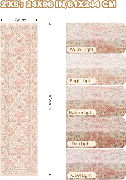 Runner Rug 2x8 Runners for Hallways Non Slip Washable, Vintage Hallway Runner Rugs for Living Room, Low Pile Soft Hallway Rug for Kitchen Bedroom Laundry Room Rug(Pink,2'x8')