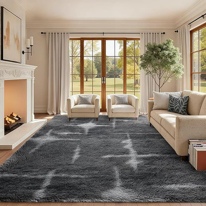 Area Rugs for Living Room, 6x9 Feet Soft Fluffy Shagg Plush Rug High Pile Large Non-Slip Floor Carpet for Bedroom Nursery Kids Home Dorm Decor Grey Star