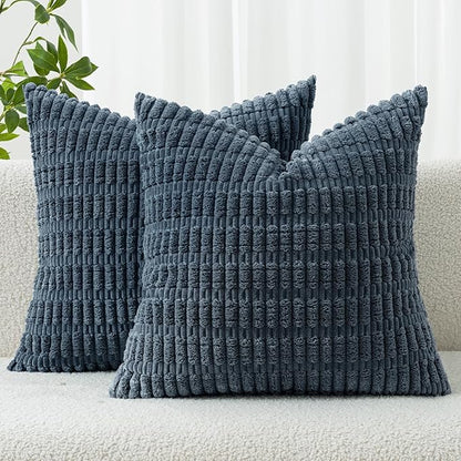 MIULEE Pack of 2 Corduroy Decorative Throw Pillow Covers 18x18 Inch Soft Boho Striped Pillow Covers Modern Farmhouse Home Decor for Summer Coastal Sofa Living Room Couch Bed Blue