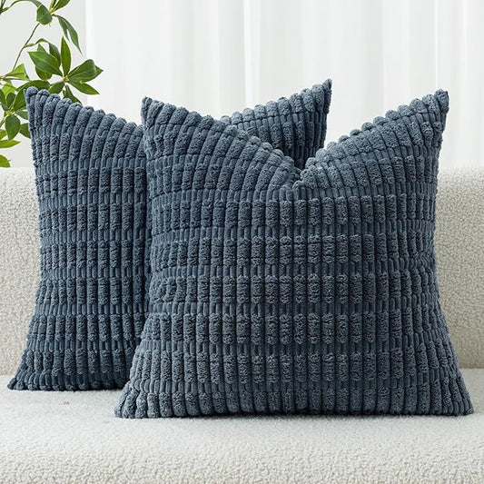 MIULEE Pack of 2 Corduroy Decorative Throw Pillow Covers 18x18 Inch Soft Boho Striped Pillow Covers Modern Farmhouse Home Decor for Summer Coastal Sofa Living Room Couch Bed Blue