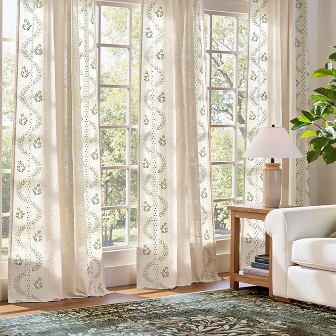 jinchan Belrose Linen Curtains for Bedroom Floral Curtains 72 Inch Length Linen Blend Sage Green Embroidered Drapes Farmhouse Flower Patterned Drapes for Living Room Window Treatments Set 2 Panels