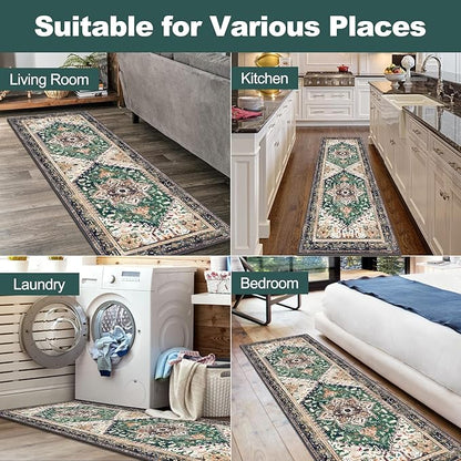 Yamaziot Washable Runner Rug, 2x6 Non-Slip Boho Vintage Hallway Rug Runner with Rubber Backing, Stain Resistant & Low Pile Faux Wool Distressed Carpet Runner for Kitchen, Laundry, Entrance