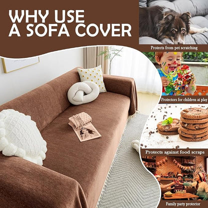HANDONTIME Boho Style Sofa Cover with Tassels, Washable & Non-Slip Couch Cover for 3 Cushion Sofa, Herringbone Pattern Pet-Friendly Sofa Slipcover, Chocolate Color, 91"x118", Living Room Decor