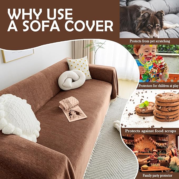 HANDONTIME Boho Style Sofa Cover with Tassels, Washable & Non-Slip Couch Cover for 3 Cushion Sofa, Herringbone Pattern Pet-Friendly Sofa Slipcover, Chocolate Color, 71"x118", Living Room Decor