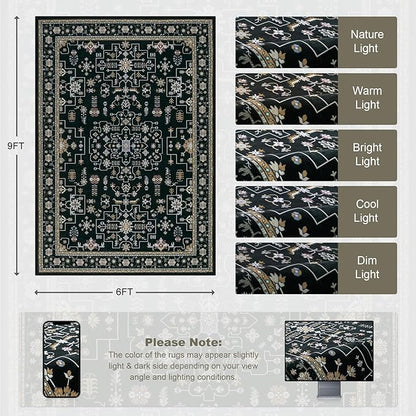 6x9 Area Rugs Living Room Rug: Washable Vintage Boho Medallion Rug No Slip Stain Resistant Soft Carpet Indoor Floor Large Carpets for Bedroom Dining Room Farmhouse Nursery Hallway Home Office Black