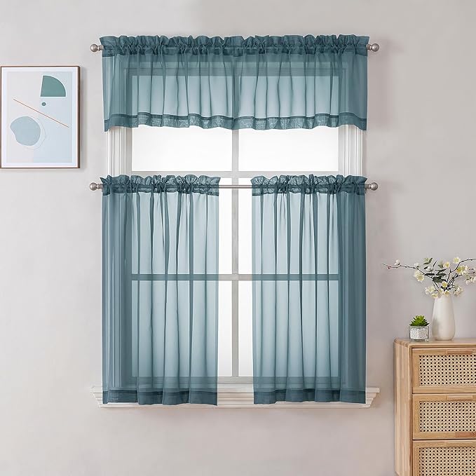 Chyhomenyc Stone Blue Sheer Valances for Windows - Light Filtering Small Kitchen Curtains, Rod Pocket Short Top Window Treatment Decor for Living Room Bathroom Basement, 42Wx16L inches, 2 Panels