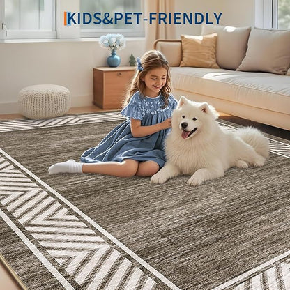 GarveeHome Washable Hallway Rug 2x6 Narrow Modern Bordered Floor Runner, Non-Shedding Contemporary Bedside Rug, Foldable Ultra-Thin Carpet Runner for Bedroom, Kitchen, Laundry Room, Brown