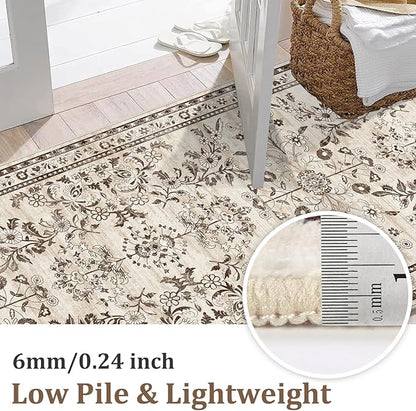 Yamaziot Washable Runner Rug 2x10 – Floral Non Slip Boho Hallway Runner Rug with Rubber Backing, Low Pile Faux Wool Distressed Carpet for Kitchen, Laundry, Bedroom, Entrance, Brown