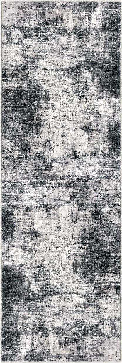 IOHOUZE Abstract Runner Rug 3x8 Ft Washable Runners for Hallways, Non Slip Kitchen Runner Printed Faux Wool Entryway Runner Indoor, Modern Abstract Floor Carpet for Hall Kitchen Bedroom, Black Grey