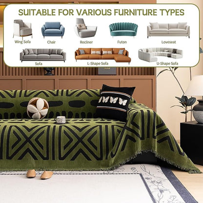HANDONTIME Boho Couch Cover Geometric Striped Pet Covers for Couches and Sofas Olive Green and Black Dog Cover for Couch Pet Friendly Chenille Sectional Sofa Covers for Pets Washable, 71" X 118"