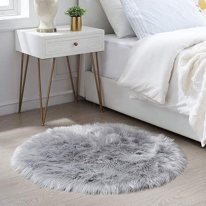 Ciicool Round Fur Fluffy Area Rug for Bedroom, Grey Faux Fur Rugs Furry Circle for Kids Room, Cute Furry Nursery Carpet, Plush Shag Circular Rugs Floor Carpets 3x3 Ft
