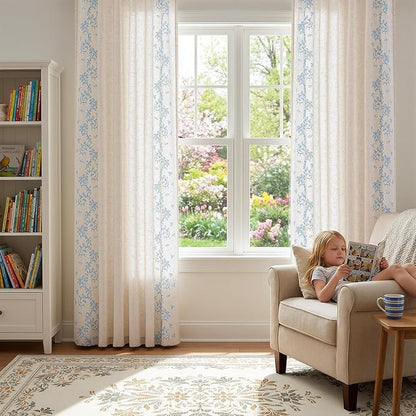 jinchan Evelyn Embroidered Linen Curtains for Living Room Farmhouse Floral Curtains for Bedroom Semi Sheer Light Filtering Window Drapes Rod Pocket Back Tab 2 Panels W50 x L96 Blue