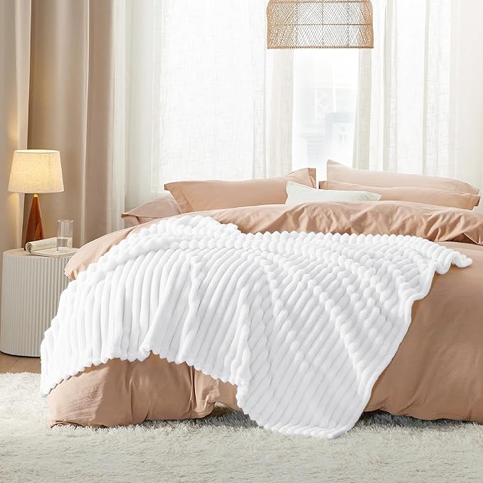 Bedsure GentleSoft White Fleece Blanket for Couch - Cozy Soft Blankets for Women, Cute Small Throws for Girls, Bright White, 50x70 Inches