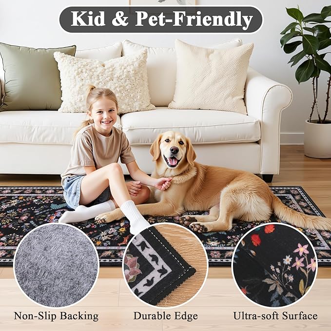 HEBE Washable Hallway Runner Rug 2'x 8' Non Slip Kitchen Rugs Runner,Low Pile Entryway Rug Laundry Room Mat Floral Carpet Runners for Hallways, Kitchen,Bathroom,Laundry,Bedside Rug