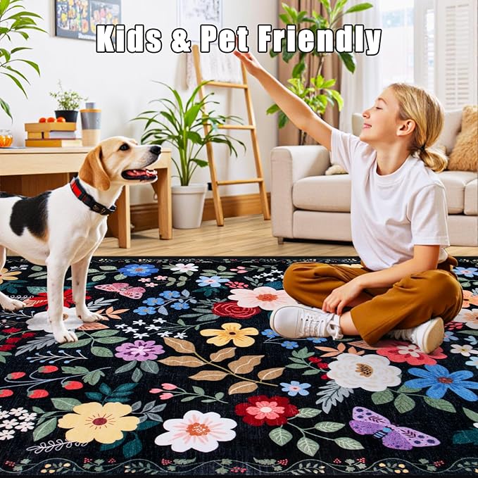 Area Rug Living Room Rugs: Floral 5x7 Washable Rug Vintage Soft Boho Non-Slip Carpet Indoor Floor Stain Resistant Large Carpets for Bedroom Dining Room Farmhouse Nursery Hallway Home Office Black