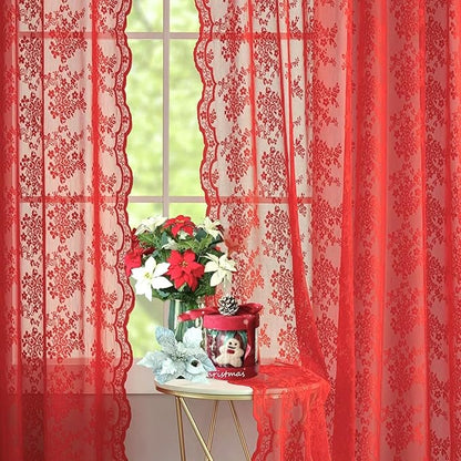 YJ YANJUN Vintage Lace Curtains 72 Inch Length 2 Panels for Bedroom-Victorian Floral Red Christmas Living Room Curtains with Scalloped Edges Farmhouse Embroidery Rod Pocket Privacy Christmas Decor