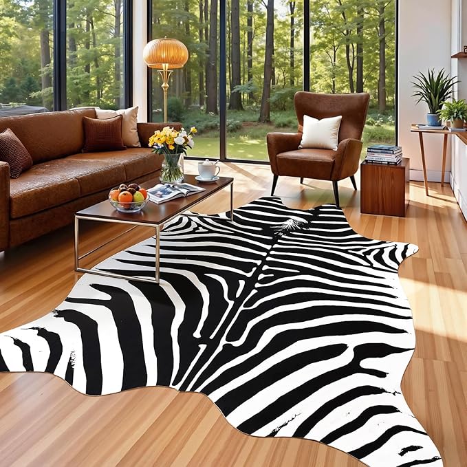 AROGAN Premium Faux Zebra Hide Rug 5.2 x 6.2 Feet, Sturdy and Large Size Bear Print Rugs, Suitable for Bedroom Living Room Western Decor, Faux Fur Animal Carpet, Black and White