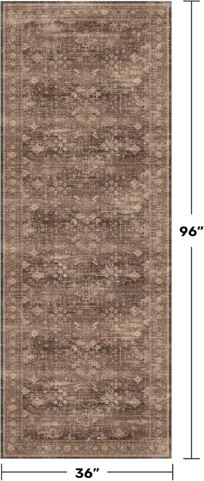Brown Washable Long Runners for Hallways, 3x8 Wide Kitchen Runner Rug, Entryway Indoor Rug, Non Slip Rubber Backing Boho Vintage Dark Floor Decor