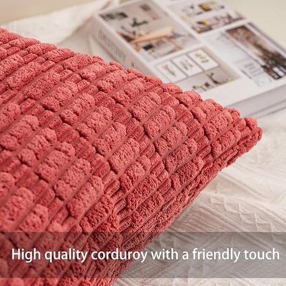 Pack of 2 Corduroy Decorative Throw Pillow Covers 12x24 Inch Soft Striped Pillow Covers Modern Farmhouse Home Decor for Sofa Living Room Couch Bed（Cranberry Red）