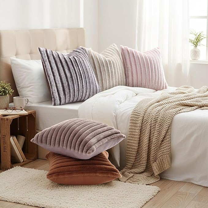 decorUhome Summer Cozy Faux Fur Throw Pillow Covers 12x20 Set of 2 Decorative Soft Plush Striped Lumbar Modern Farmhouse Boho Couch Pillow Cases with Velvet Back for Sofa Bed Living Room, Beige White