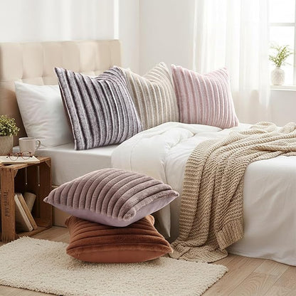 decorUhome Summer Cozy Faux Fur Throw Pillow Covers 22x22 Set of 2 Decorative Plush Striped Modern Farmhouse Boho Couch Euro Sham Pillow Cases with Velvet Back for Sofa Bed Living Roomr, Beige White
