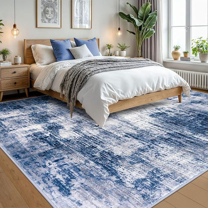 IOHOUZE Abstract Area Rugs 9x12 Ft Washable Large Rugs for Living Room, Non Slip Dining Room Rug, Printed Faux Wool Rugs for Bedroom, Floor Carpet for Office Nursery Playroom, Navy/Grey