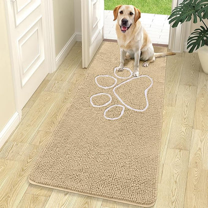 OLANLY Dog Door Mat for Muddy Paws 70x24, Paw Print Design, Absorbs Moisture and Dirt, Absorbent Non-Slip Washable Doormat, Quick Dry Chenille Mud Mat for Dogs, Entry Indoor Entryway Carpet, Beige