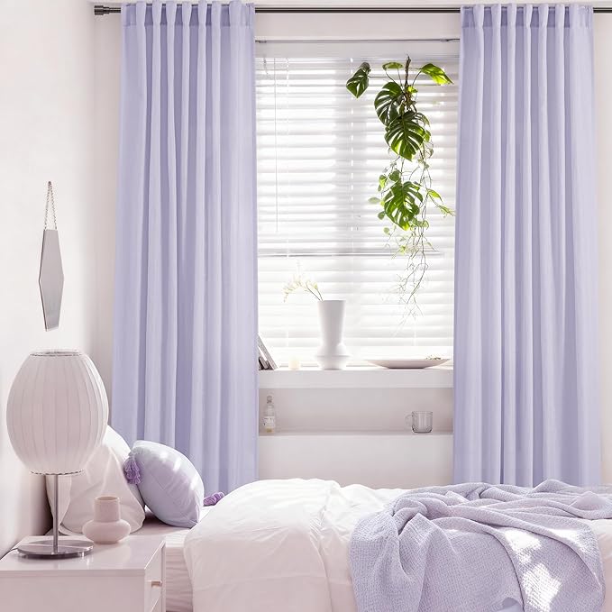 Lavender Semi Sheer Linen Curtains 96 Inches Long 2 Panels Set for Living Room Back Tab Light Filtering Long Drapes Modern Farmhouse Light Violet Purple Bedroom Decor 52ﾗ96