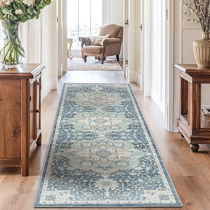AMADA HOMEFURNISHING 2'6"x10' Washable Area Rug, Low-Profile Entryway Rug with Non-Slip Backing & Durable Edge Binding, Vintage Rug Pattern, Small Rugs for Entryway, Kitchen & Living Room