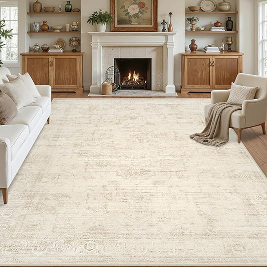 Area Rugs 9x12 Living Room: Vintage Boho Neutral Washable Rug Indoor Soft Large Area Rug Carpet for Bedroom Nursery Farmhouse Dining Room Office Floor Non-Slip Low Pile Under Table Rug Dark Beige