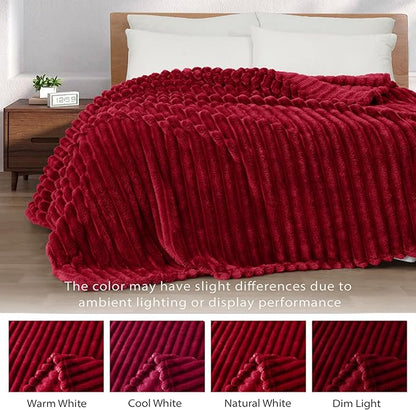 Exclusivo Mezcla King Size Flannel Fleece Blanket, Super Soft Striped Jacquard Bed Blanket, Lightweight Fuzzy Cozy for All Seasons, 90x104 Inches, Deep Red