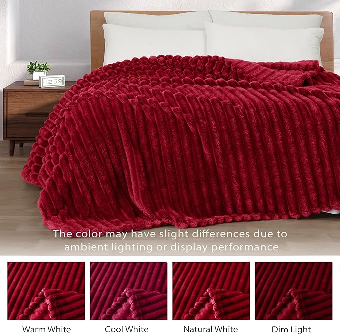 Exclusivo Mezcla Queen Size Flannel Fleece Blanket, Super Soft Striped Jacquard Bed Blanket, Lightweight Fuzzy Cozy for All Seasons, 90x90 Inches, Deep Red