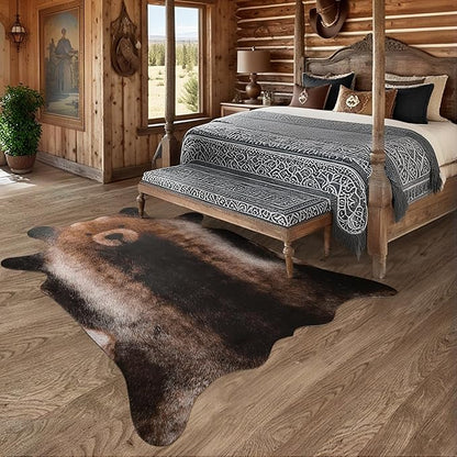 AROGAN Premium Bear Print Rug 4.6x5.2 Feet, Machine Washable Faux Fur Rug, Non-Slip Animal Print Hide Bear Skin Area Rug for Bedroom Living Room Home Decor
