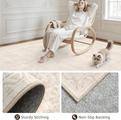 6x9 Area Rugs for Living Room: Vintage Boho Neutral Washable Rug Indoor Soft Large Area Rug Carpet for Bedroom Nursery Farmhouse Dining Room Office Floor Non-Slip Low Pile Under Table Rug Beige