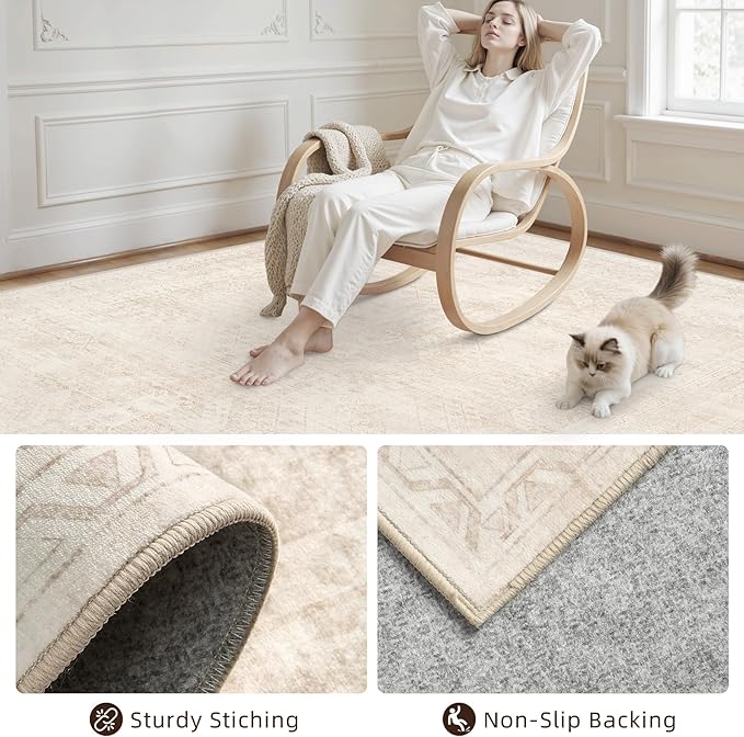 Area Rugs 9x12 Living Room: Vintage Boho Neutral Washable Rug Indoor Soft Large Area Rug Carpet for Bedroom Nursery Farmhouse Dining Room Office Floor Non-Slip Low Pile Under Table Rug Beige