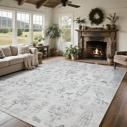 Washable Rugs 8x10 Area Rugs for Living Room,Bedroom,Dining Room- Large Ultra Soft Faux Wool Retro Carpet,Non Slip&Non-Shedding Low Pile Vintage Rug for Home Office Dorm Playroom-Tree Gray