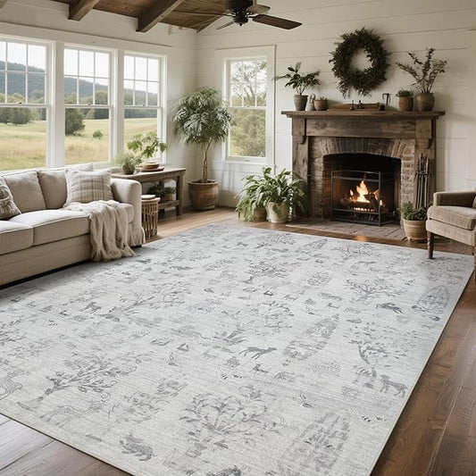 Washable Rugs 8x10 Area Rugs for Living Room,Bedroom,Dining Room- Large Ultra Soft Faux Wool Retro Carpet,Non Slip&Non-Shedding Low Pile Vintage Rug for Home Office Dorm Playroom-Tree Gray