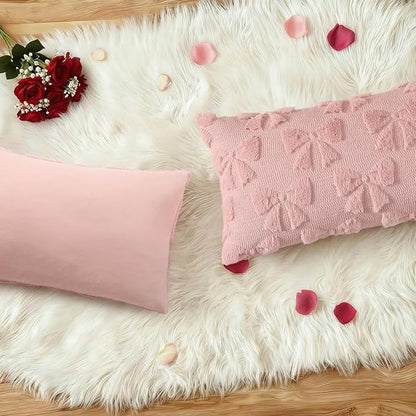 decorUhome Pink Bow Pillow Covers Set of 2 Coquette Aesthetic Cute Preppy Plush Faux Pillowcases for Girly Bedroom or Couch 12x20 Inch